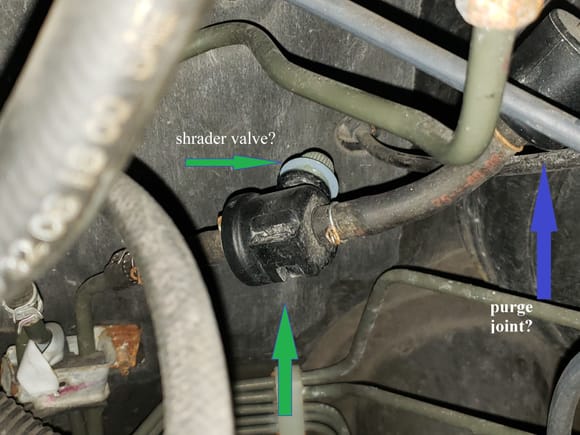 I believe the green arrows point to the “service vent port" since the circular 'thing' on the opposite side is a plastic cap just like an A/C shrader valve.  And I think the purple arrow is pointing to the purge joint??