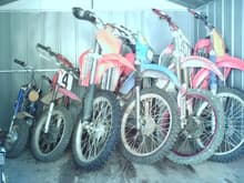 A look into my shed. Left to right. Minitrail 50, XR75, KTM400, XR200, CR250, CR500. The lawn mower waa removed for the picture taking.                                                                 