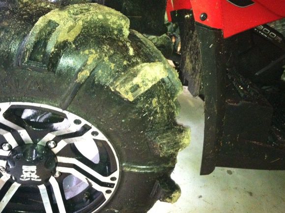 front- between the tire and foot well- had a good inch available. didn't rub anywhere even with me sitting on the front rack moving back &amp; forth.