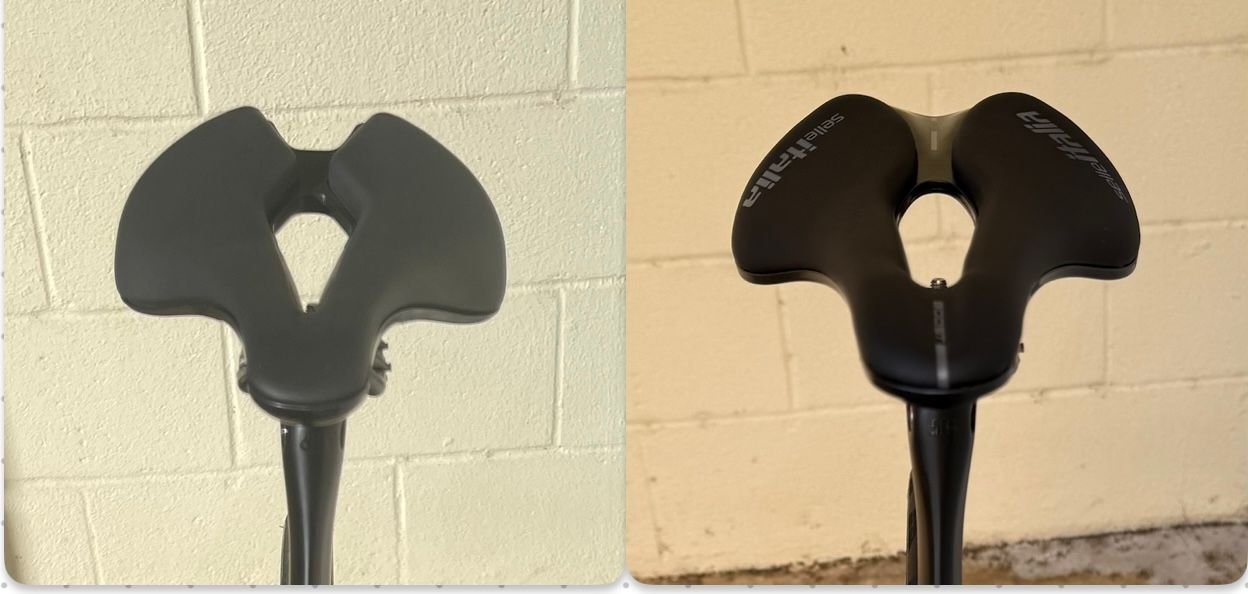 Most Lynx Ultra saddle (original) left, Selle Italia Novus Boost saddle w/ titanium rails (upgrade) right