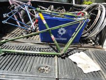 Down to just the frame and ready for some touch up and decal removal.  Seat post came out with a bit of PB blaster and a pipe wrench, but it came out clean.  I sense a bit of tube de-rusting is going to be in order.