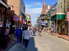 The legendary Bourbon Street on a Sunday morning when it's relatively quiet.   Relatively.