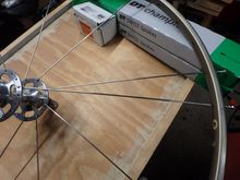 The spoke from the first step is the upper one pictured.  The spoke we are installing now is the lower one of the pair pictured.