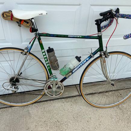 Bertoni SLX (Daccordi built) shipmano 105SC as purchased used, upgraded brake levers, saddle, Ambrosio tubular wheels