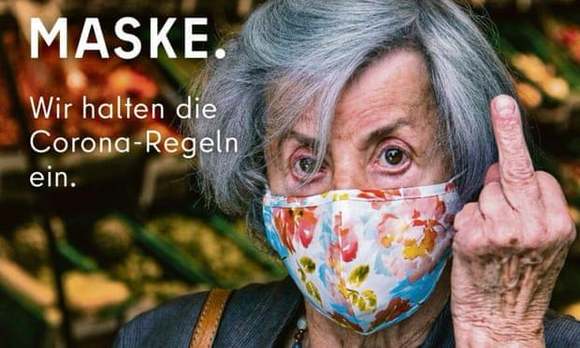 Berlin tourism agency ad.
Translation: mask. we adhere to the corona rules.
Story: https://www.theguardian.com/world/2020/oct/14/berlin-gives-middle-finger-to-anti-maskers-in-tourism-agency-ad