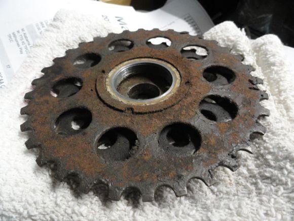 Looks a bit rough but should clean up with a wire wheel and a coat of silver.  34t large ring.