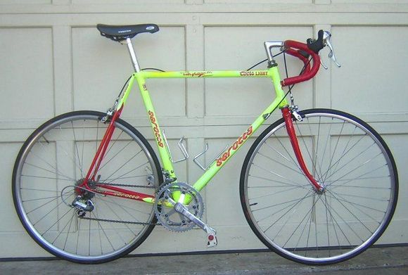 1992 Serotta Colorado II Coors Light Team Replica.  Yellow fading to white. 
The next year they switched to normal Corvette yellow.