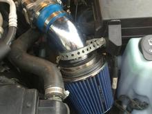 DIY Short Ram Intake. Got the parts for free from my job. Perks of working at a salvage yard. The homemade "bracket" is a little iffy though.