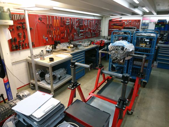 The engine and gearbox corner. We build the engines with the machine shop and put them together here.