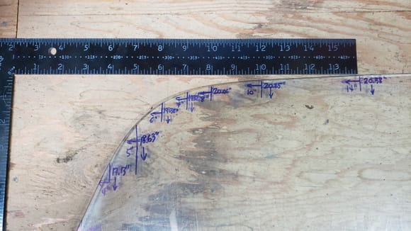 Photo 2 of 3 for the upper edge profile dimensioning. All measurements relative to corner of glass in lower left of pictures. 