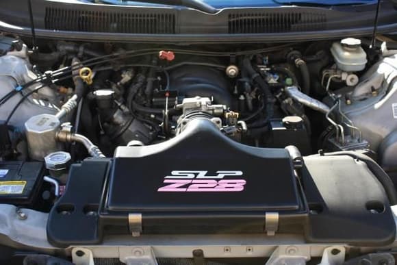 added pink vinyl z28 decal to slp air box... (disregard the dirty engine, it's been too cold to clean the car!)