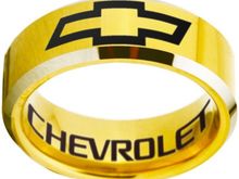 Gold and Silver beveled Chevrolet tungsten ring available is sizes 4 - 17 at www.CustomRings.org