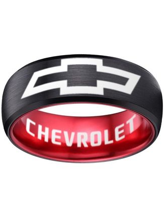 Black and Red beveled Chevrolet tungsten ring available is sizes 6 - 13 at www.CustomRings.org