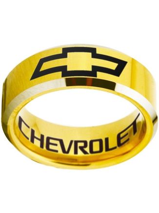 Gold and Silver beveled Chevrolet tungsten ring available is sizes 4 - 17 at www.CustomRings.org