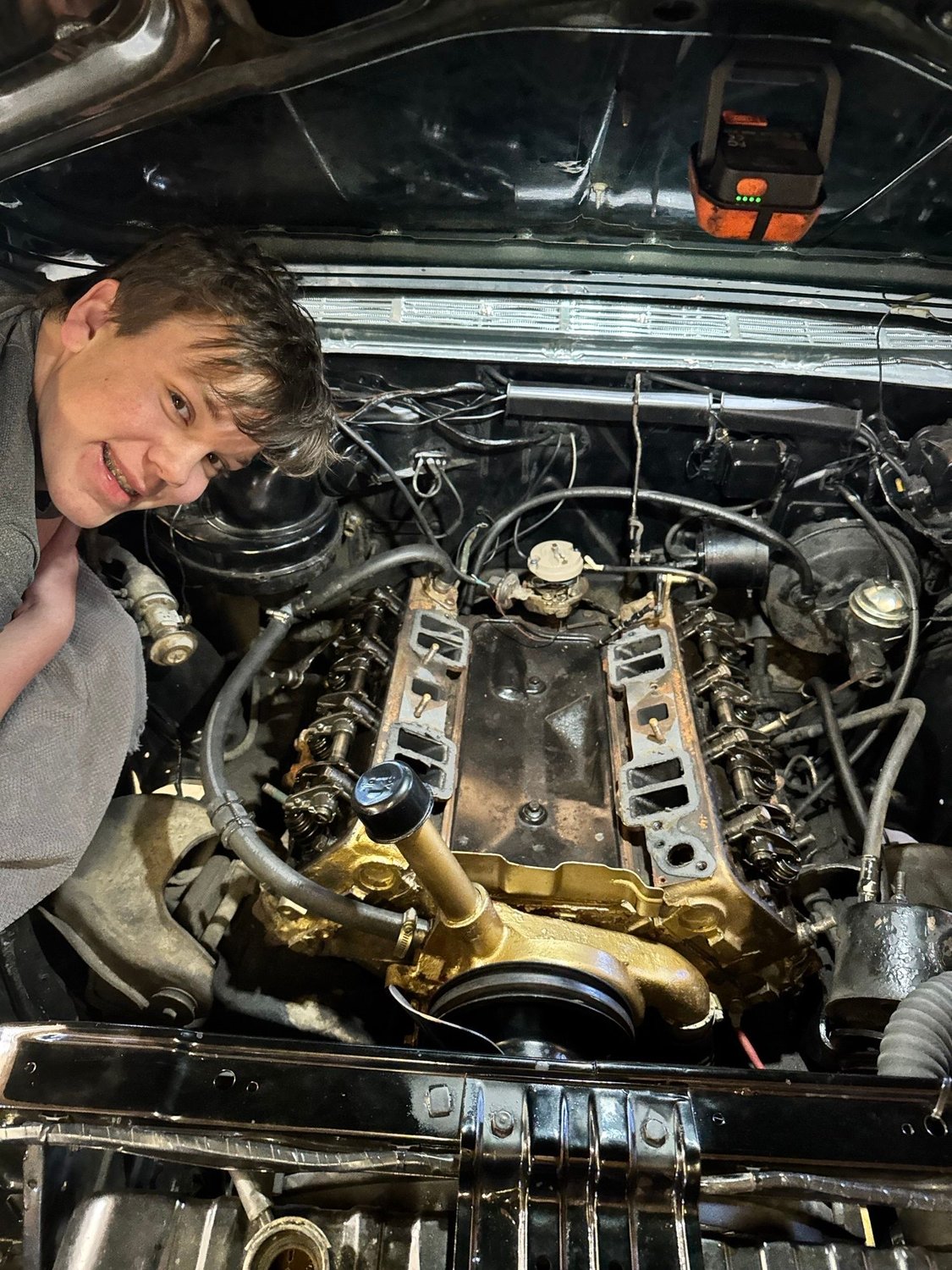 Intake manifold removed! Hudson is ready to tear into the head removal!