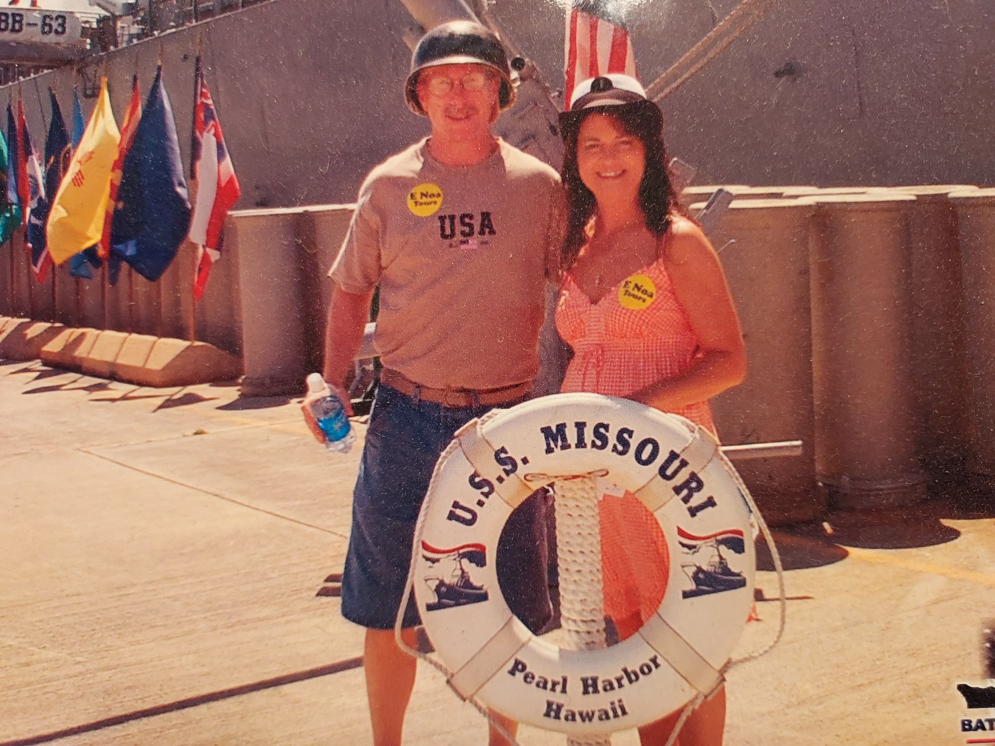 16-yrs of wedded bliss today!  😉   Dawn and I on our Honeymoon in Hawaii touring the Battleship Missouri.