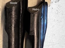 Steele part is thicker and slightly bigger, but a cruder casting. This is the front of the driver's side front window molding. Metro is a better looking part, but a bit smaller.