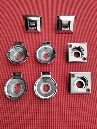 Top - OEM 71-72 Cutlass 442 Door lock switches.
$60 pair.
Lower left - 70-72 headlight switch bezels. 
$25 each.
Lower Right - 70 remote mirror escutcheon.
$25 each.