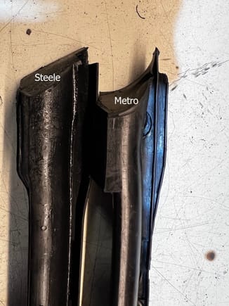 Steele part is thicker and slightly bigger, but a cruder casting. This is the front of the driver's side front window molding. Metro is a better looking part, but a bit smaller.