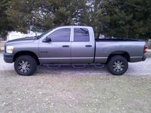 Leveling kit, 17x8" Helo 835 Rims, 285/70 BFG AT/KOs, N-Fab steps, Tinted front windows to match rear, Plasti-Dipped emblems, DupliColor Bed Armor over the rail, added factory Cruise Controls