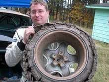 Chris Greenhouse and his shredded tire after SS2 at LSPR 2008