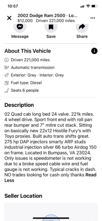 This was the description on the add. As I soon found out after purchasing it the odometer was not logging the miles so mileage is unknown. Paid 9k for it and first thing I did was recoup $1500 back from selling the rims and tires. 