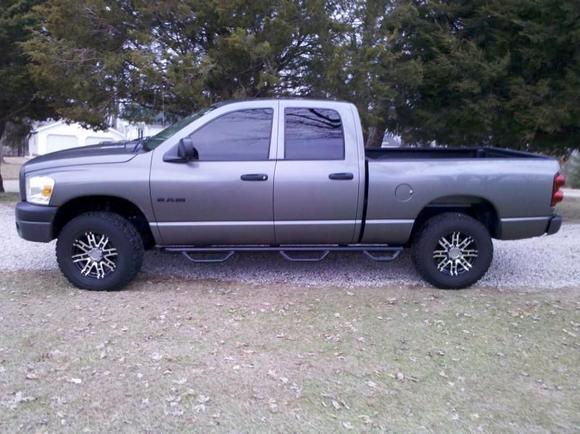 Leveling kit, 17x8" Helo 835 Rims, 285/70 BFG AT/KOs, N-Fab steps, Tinted front windows to match rear, Plasti-Dipped emblems, DupliColor Bed Armor over the rail, added factory Cruise Controls
