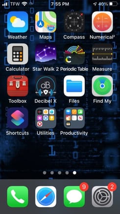 And the back page with my infrequently used tools/utilities. I have the "Decibel" app on there for concerts, to see how loud they get.