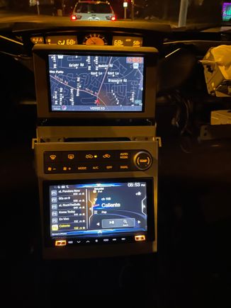 This is my new setup.
My car was a non nav car, I added own nav to it and it works even without the nav cluster (I did connect the bus wires tho).
Only thing that does not function is the fuel economy and when I’m driving and I open the door I don’t get the notification. I can live with that.
Next I’m adding a mod to intercept the rgb signal between the screen and the nav unit and hook it up to my alpine so I’ll be able to send videos to the nav screen.