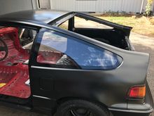 Started on doing the lexan. It's held on with heavy duty Velcro from Home Depot. Inside edges sprayed satin black to match. Really happy how this quarter panel glass turned out. 
