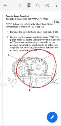 This is what the Intake cam should look like at rest with the Crankshaft at TDC of the ignition stroke. Notice the 2 timing mars AND the VTC arrow and dot lining up. 