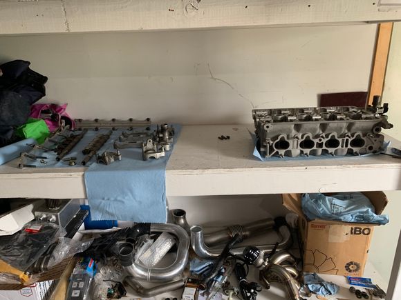 Put the head together as much as I can after this pic, rocker shafts in, rocker arms installed, skunk2 LMAs installed. 