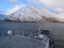Early November 2015: Winter and final offload of the season. Big storm just passed and the harbor was full of other vessels so we had to anchor in a nearby lonely bay for the night.