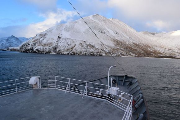 Early November 2015: Winter and final offload of the season. Big storm just passed and the harbor was full of other vessels so we had to anchor in a nearby lonely bay for the night.