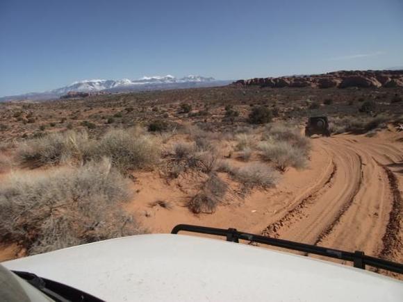 march2011moab 063.  Wheeling Arches NP to Eye of the Whale.  La Sal Mountains in the distance.  Fun sandy trails along here.