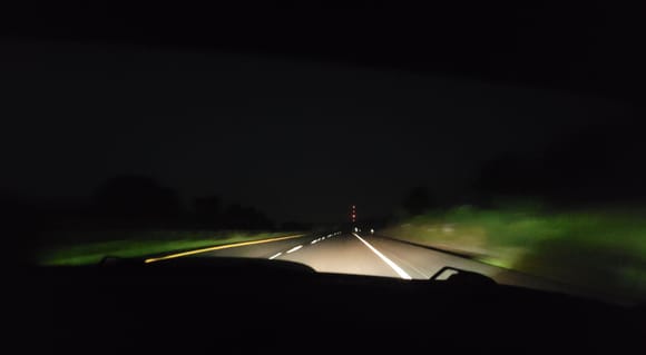 The new Fog Lights w/dim headlights on interstate at 75 mph, taken from passenger seat. Note how well the peripheral is lighted.