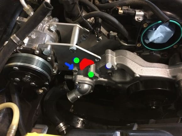 Tensioner mounting points shown in green. The blue arrow shows where I moved the idler pulley (from the far right bracket hole)