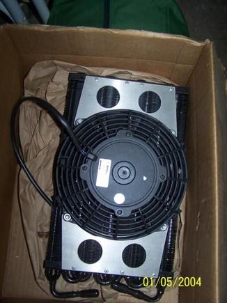 brand spanking new tranny cooler.  with electric fan