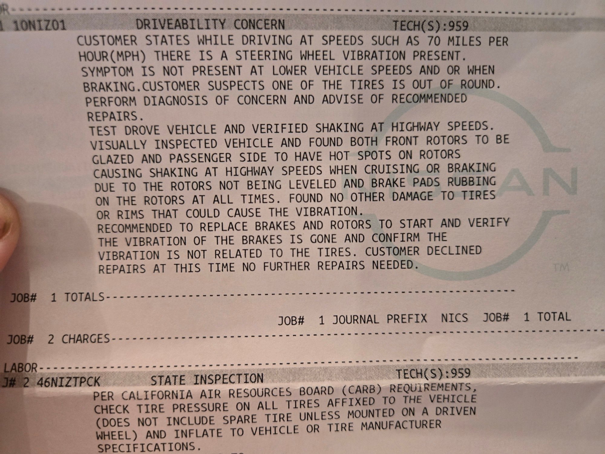 Here is the dealer acknowledging that there is a vibration at high speed or shake but telling me more double talk about my rotors need needing to be leveled and brake pads rubbing More double talk! 