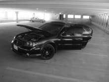 hood open and doors open taken in parking lot garage BLACK &amp; WHITE EFFECT