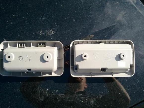 5th Gen holder on the left, 5.5 Gen holder on the right. You can see the slight size difference that will require you to cut some of the headliner when installing the 5.5 Gen holder into a 5th Gen. You will need to cut about 1/2 inch from the windshield side of the opening and possibly 1/4 inch from both sides. I cut the sides without test fitting first to see if I really needed to cut.