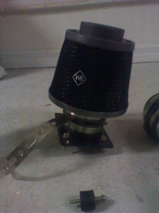 Intake filter with MAF adaptor, intake bracket, coupler, and clamps.