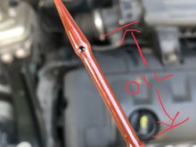 The dot on the dipstick doesn’t mean full. It’s the shallow valley between the two ends of the cones, yup your oil needs to be within this area.  Finally my check engine light code p0012 went off. 
