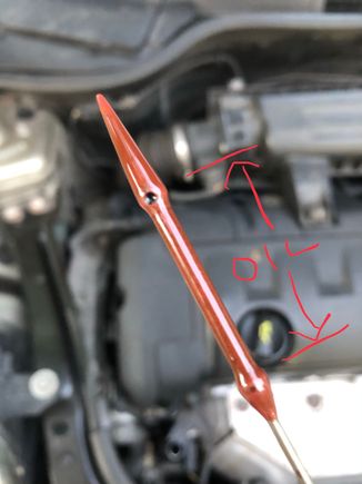The dot on the dipstick doesn’t mean full. It’s the shallow valley between the two ends of the cones, yup your oil needs to be within this area.  Finally my check engine light code p0012 went off. 