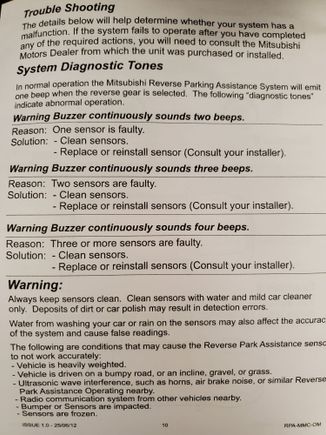 OEM parking sensors kit troubleshooting section
