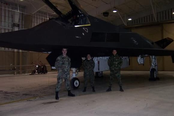 My F-117, 81-0795 at Holloman AFB, New Mexico in February 2004. I'm on the left, to the right are my crew, Chrissy and John