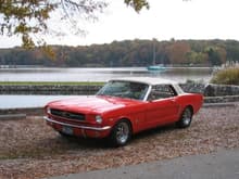 This is a May built 1964 Mustang. It was purchased in '84 and was red with a black interior and black top. During a 6 year total restoration, I learned it had three paint coats. The current color Poppy Red and the white interior are the OEM color and trim. I added the &quot;real&quot; leather interior, as an example of what was available to the first couple hundred offered to the Ford executives. I located the company that provided Ford the interiors.