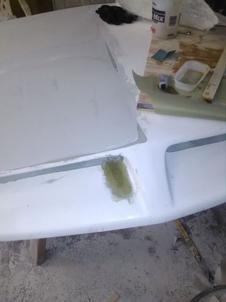 There was a hump here , cut out & reglass..
This Hood was definitely removed from the mold while it was still too soft and it distorted.