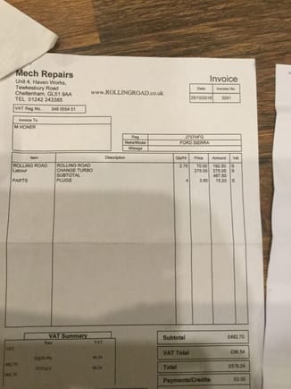Invoice for rolling road session and set up, and turbo fitting