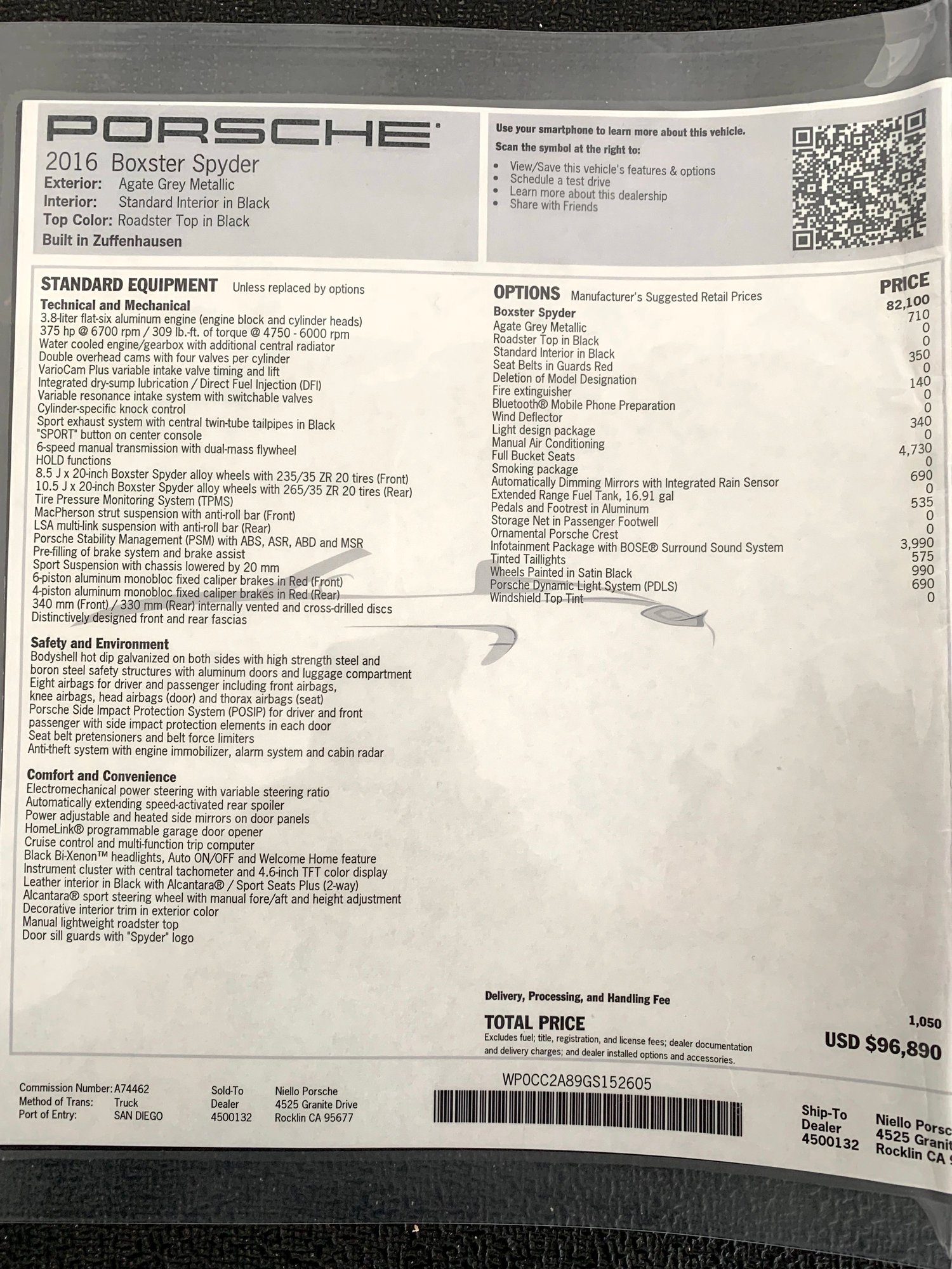 2016 Porsche Boxster - FS: 2016 Boxster Spyder w/LWB in Agate Grey (NorCal) - Used - VIN WP0CC2A89GS152605 - 8,089 Miles - 6 cyl - 2WD - Manual - Convertible - Gray - San Francisco Bay Area, CA 94546, United States